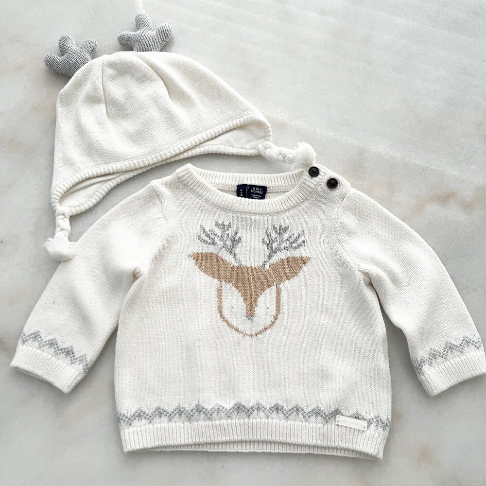 Janie and Jack 2-Piece Sweater Set - Sweater and Reindeer Antler Hat Size 0- 3 M